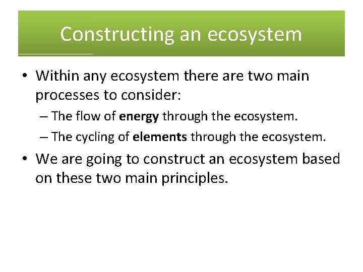Constructing an ecosystem • Within any ecosystem there are two main processes to consider: