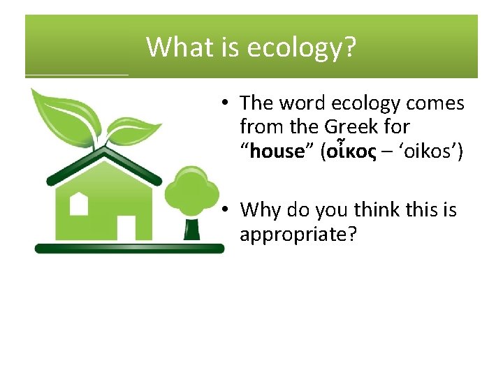 What is ecology? • The word ecology comes from the Greek for “house” (οἶκος