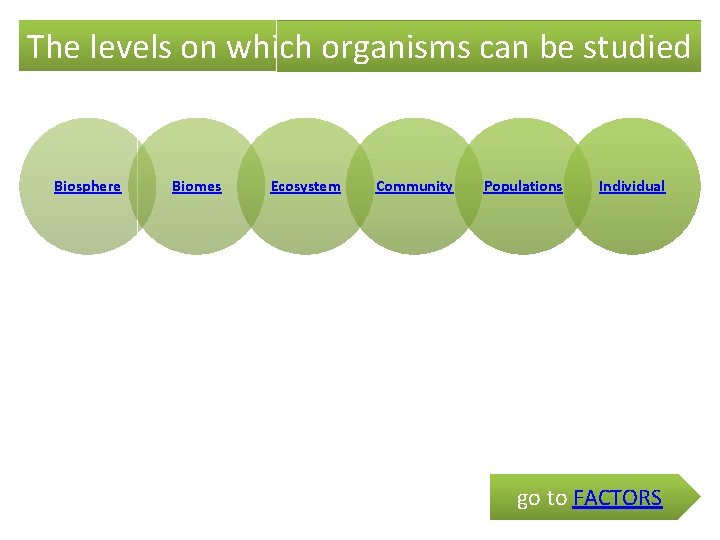 The levels on which organisms can be studied Biosphere Biomes Ecosystem Community Populations Individual