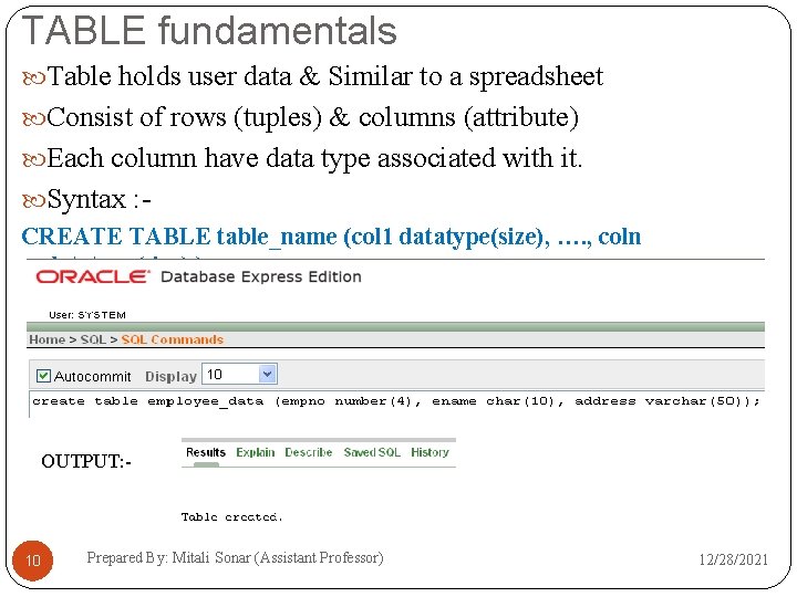 TABLE fundamentals Table holds user data & Similar to a spreadsheet Consist of rows