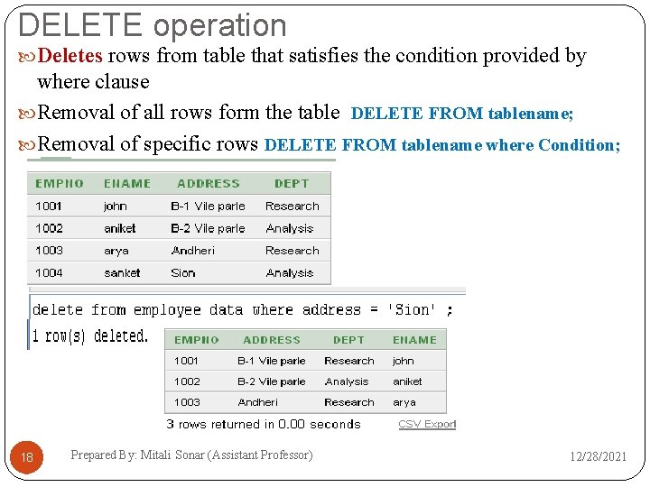 DELETE operation Deletes rows from table that satisfies the condition provided by where clause