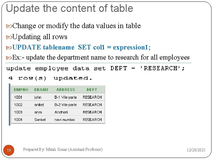 Update the content of table Change or modify the data values in table Updating