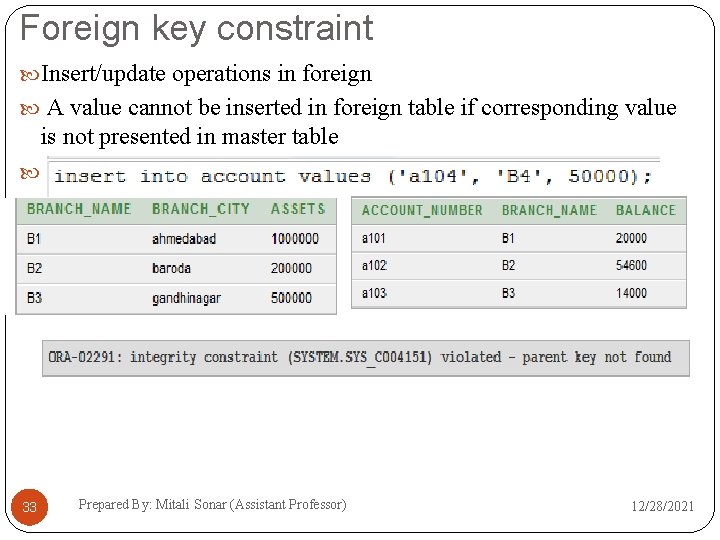 Foreign key constraint Insert/update operations in foreign A value cannot be inserted in foreign