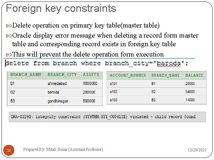 Foreign key constraints Delete operation on primary key table(master table) Oracle display error message