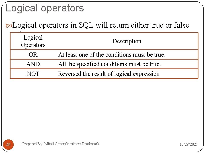 Logical operators in SQL will return either true or false value. Logical Description Operators