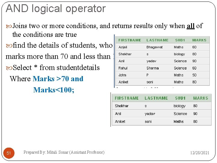 AND logical operator Joins two or more conditions, and returns results only when all