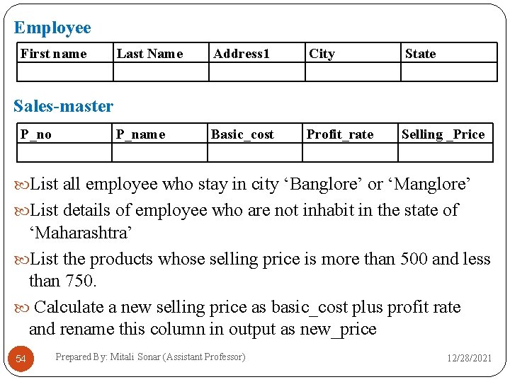 Employee First name Last Name Address 1 City State P_name Basic_cost Profit_rate Selling _Price