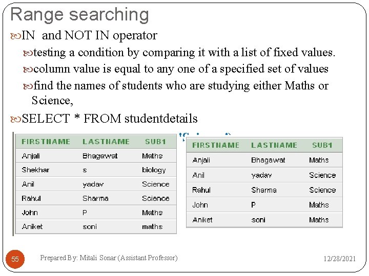 Range searching IN and NOT IN operator testing a condition by comparing it with