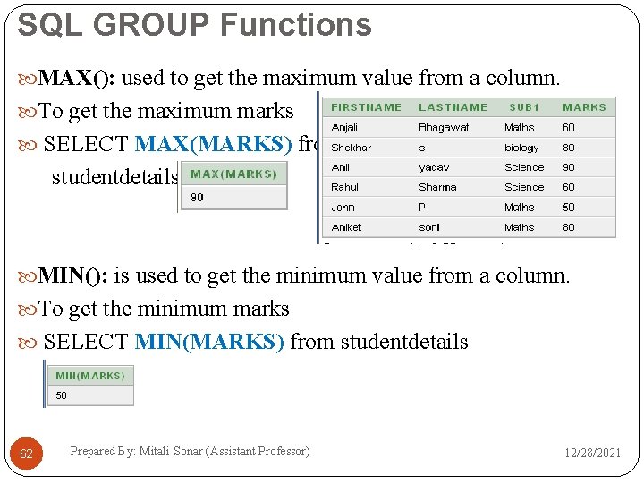 SQL GROUP Functions MAX(): used to get the maximum value from a column. To