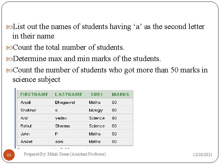  List out the names of students having ‘a’ as the second letter in