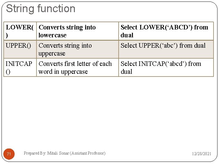 String function LOWER( Converts string into ) lowercase Select LOWER(‘ABCD’) from dual UPPER() Select