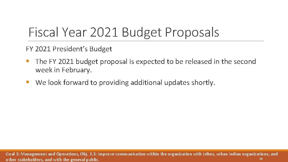 Fiscal Year 2021 Budget Proposals FY 2021 President’s Budget § The FY 2021 budget