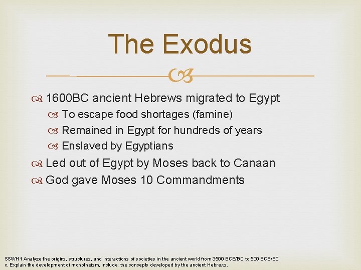 The Exodus 1600 BC ancient Hebrews migrated to Egypt To escape food shortages (famine)