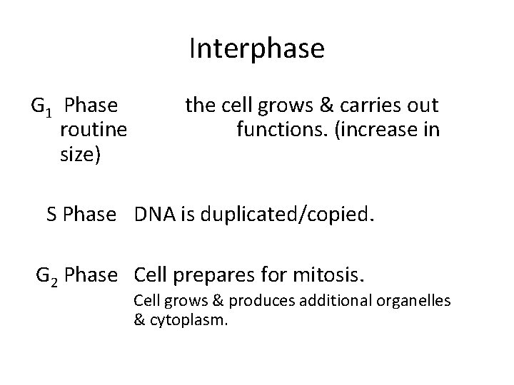 Interphase G 1 Phase routine size) the cell grows & carries out functions. (increase