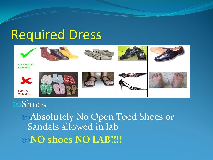 Required Dress Shoes Absolutely No Open Toed Shoes or Sandals allowed in lab NO