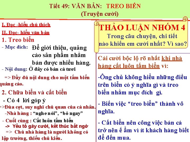 Tiết 49: VĂN BẢN: TREO BIỂN (Truyện cười) I. Đọc -hiểu chú thích II.