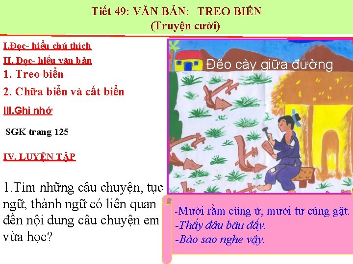 Tiết 49: VĂN BẢN: TREO BIỂN (Truyện cười) I. Đọc- hiểu chú thích II.