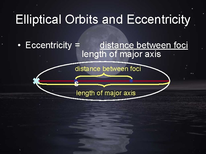 Elliptical Orbits and Eccentricity • Eccentricity = distance between foci length of major axis