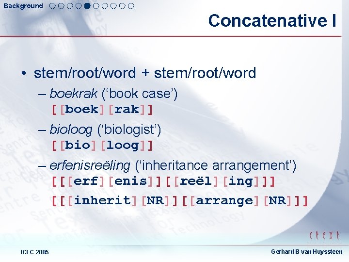 Background Concatenative I • stem/root/word + stem/root/word – boekrak (‘book case’) [[boek][rak]] – bioloog