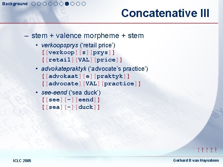 Background Concatenative III – stem + valence morpheme + stem • verkoopsprys (‘retail price’)