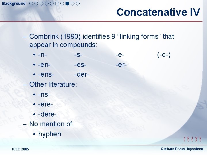 Background Concatenative IV – Combrink (1990) identifies 9 “linking forms” that appear in compounds: