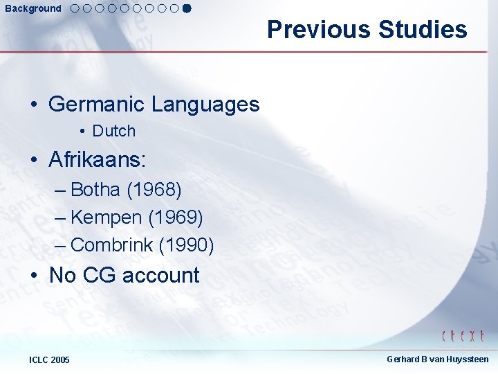 Background Previous Studies • Germanic Languages • Dutch • Afrikaans: – Botha (1968) –