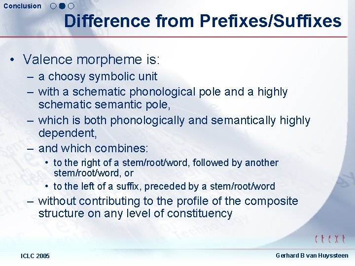 Conclusion Difference from Prefixes/Suffixes • Valence morpheme is: – a choosy symbolic unit –