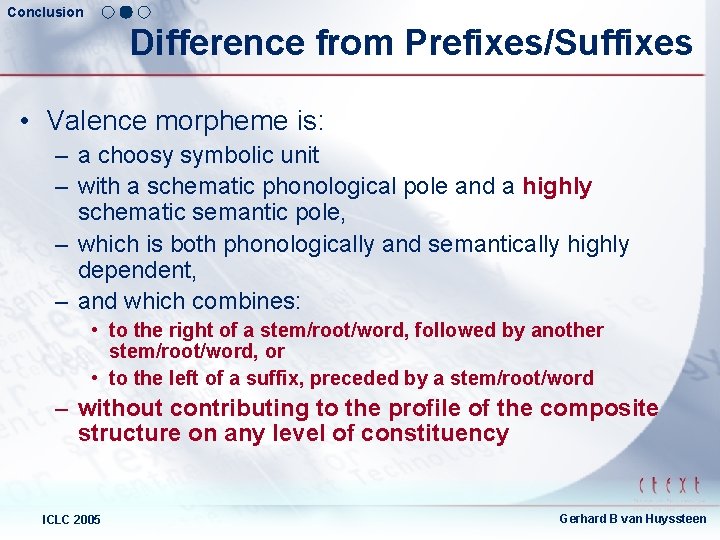 Conclusion Difference from Prefixes/Suffixes • Valence morpheme is: – a choosy symbolic unit –