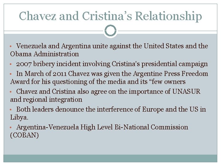 Chavez and Cristina’s Relationship • Venezuela and Argentina unite against the United States and