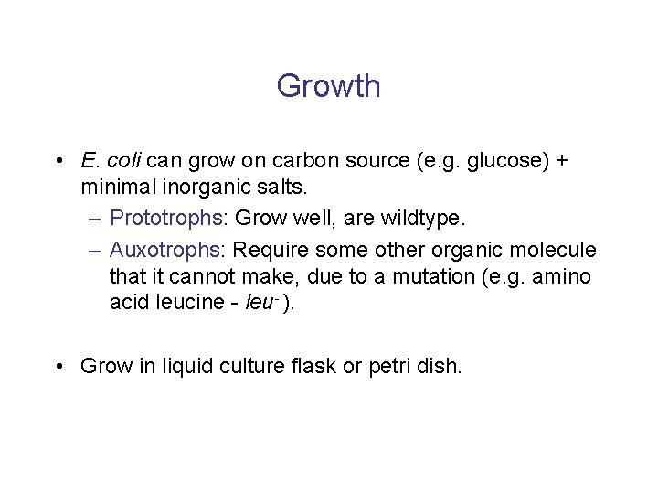 Growth • E. coli can grow on carbon source (e. g. glucose) + minimal