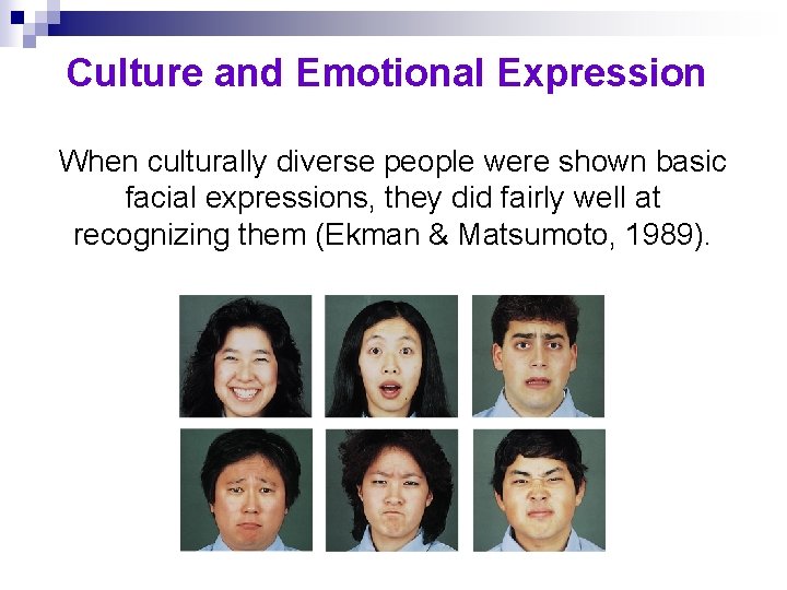 Culture and Emotional Expression When culturally diverse people were shown basic facial expressions, they