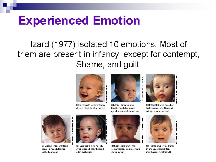 Experienced Emotion Izard (1977) isolated 10 emotions. Most of them are present in infancy,