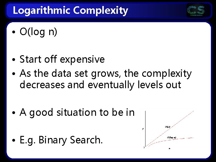 Logarithmic Complexity • O(log n) • Start off expensive • As the data set