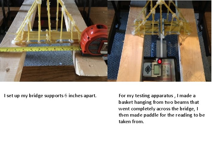 I set up my bridge supports 6 inches apart. For my testing apparatus ,