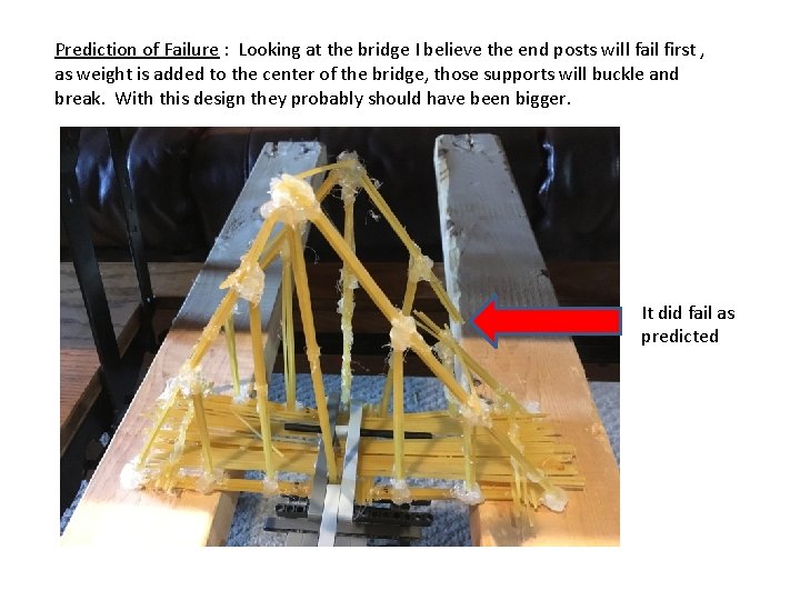 Prediction of Failure : Looking at the bridge I believe the end posts will