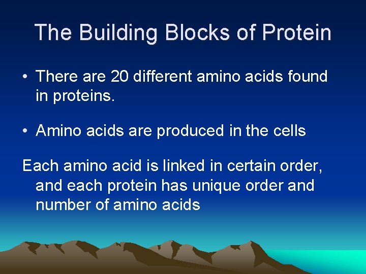 The Building Blocks of Protein • There are 20 different amino acids found in The Building Blocks of Protein • There are 20 different amino acids found in