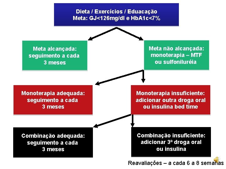 Dieta / Exercícios / Eduacação Meta: GJ<126 mg/dl e Hb. A 1 c<7% Meta