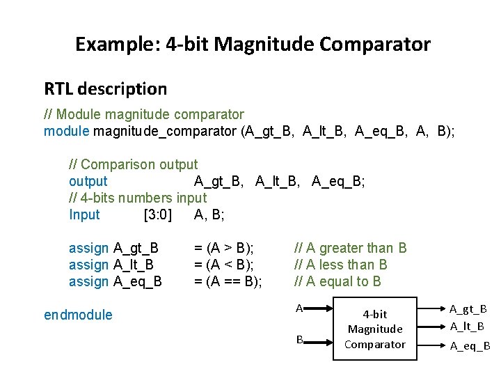 Example: 4 -bit Magnitude Comparator RTL description // Module magnitude comparator module magnitude_comparator (A_gt_B, Example: 4 -bit Magnitude Comparator RTL description // Module magnitude comparator module magnitude_comparator (A_gt_B,