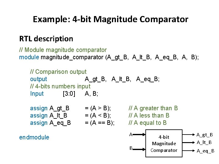 Example: 4 -bit Magnitude Comparator RTL description // Module magnitude comparator module magnitude_comparator (A_gt_B,