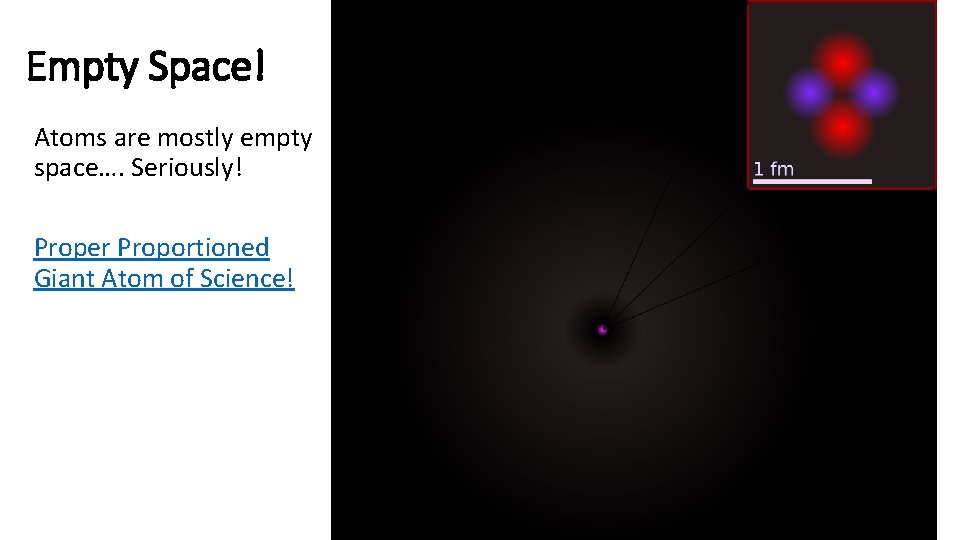 Empty Space! Atoms are mostly empty space…. Seriously! Proper Proportioned Giant Atom of Science!