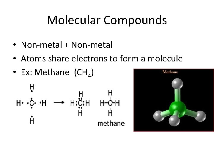 Molecular Compounds • Non-metal + Non-metal • Atoms share electrons to form a molecule