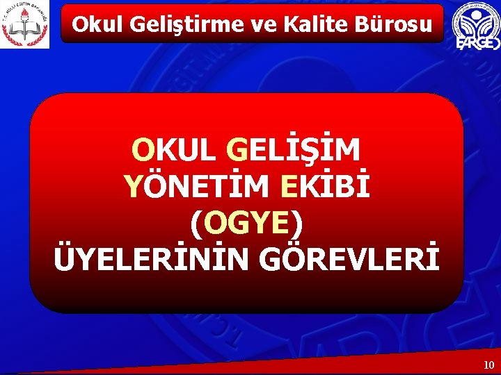 Okul Geliştirme ve Kalite Bürosu OKUL GELİŞİM YÖNETİM EKİBİ (OGYE) ÜYELERİNİN GÖREVLERİ 10 