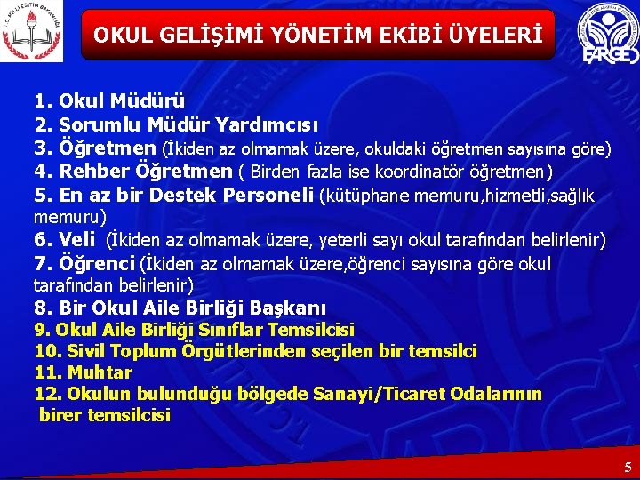 OKUL GELİŞİMİ YÖNETİM EKİBİ ÜYELERİ 1. Okul Müdürü 2. Sorumlu Müdür Yardımcısı 3. Öğretmen