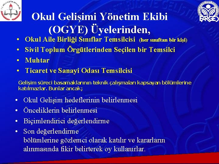  • • Okul Gelişimi Yönetim Ekibi (OGYE) Üyelerinden, Okul Aile Birliği Sınıflar Temsilcisi