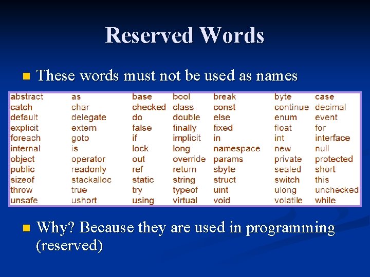 Reserved Words n These words must not be used as names n Why? Because Reserved Words n These words must not be used as names n Why? Because