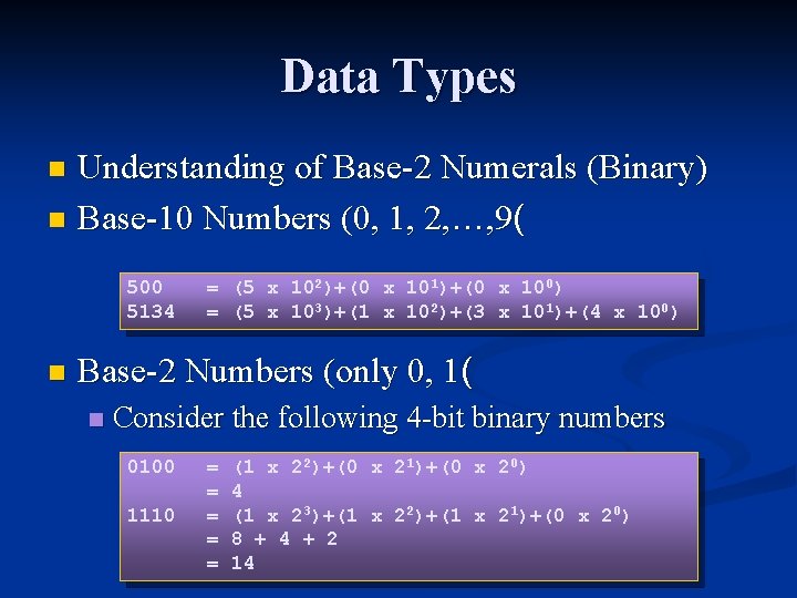 Data Types Understanding of Base-2 Numerals (Binary) n Base-10 Numbers (0, 1, 2, …, Data Types Understanding of Base-2 Numerals (Binary) n Base-10 Numbers (0, 1, 2, …,