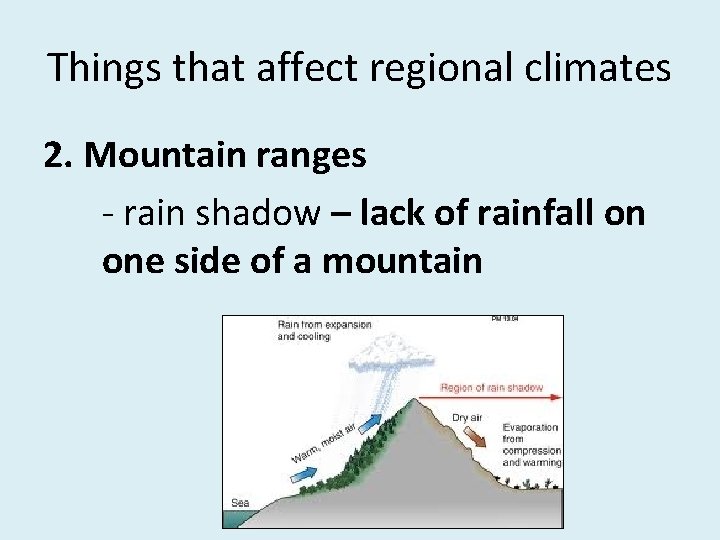 Things that affect regional climates 2. Mountain ranges - rain shadow – lack of