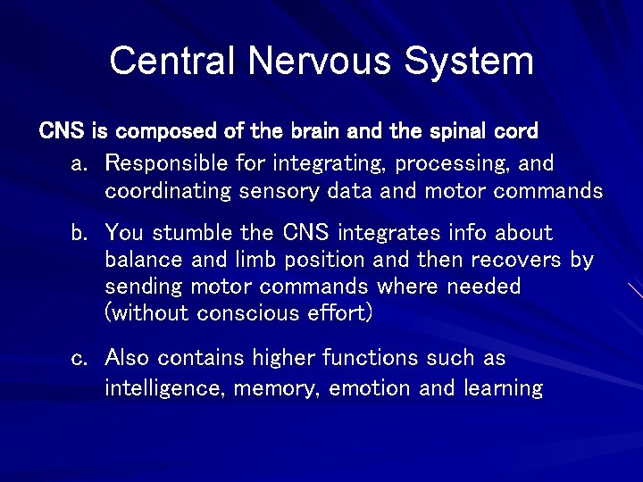 Central Nervous System CNS is composed of the brain and the spinal cord a.