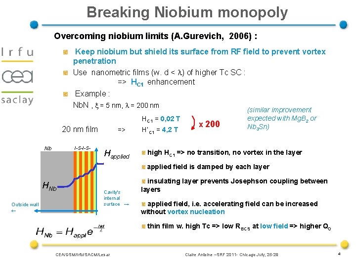 Breaking Niobium monopoly Overcoming niobium limits (A. Gurevich, 2006) : Keep niobium but shield