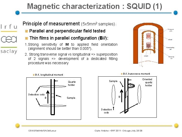 Magnetic characterization : SQUID (1) Principle of measurement (5 x 5 mm 2 samples)